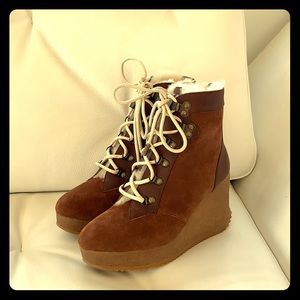 Shearling Lined Suede platform Joie booties.